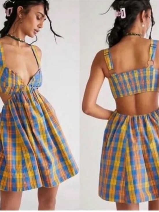 Free People Dresses & Skirts - Free People M Bridget yellow-blue plaid open halter 100% cotton back mini dress